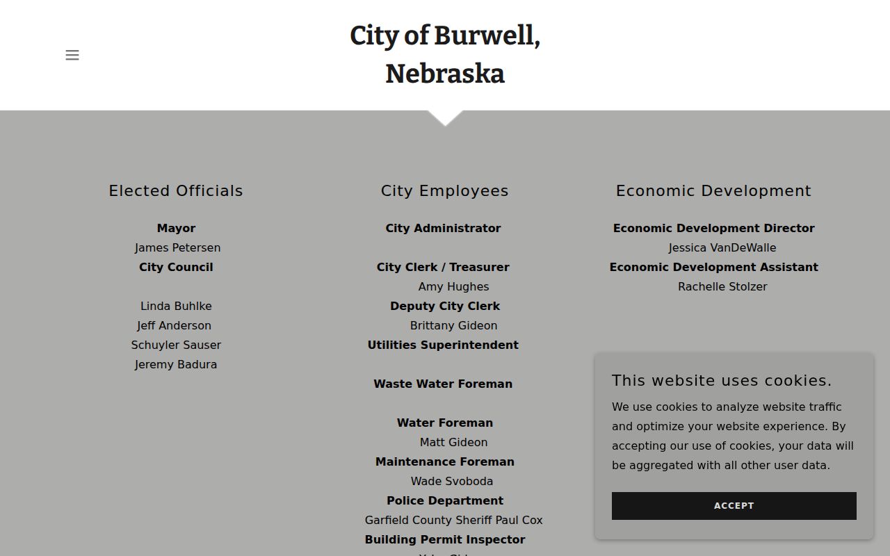 Garfield County municipal warrant Burwell city officials page